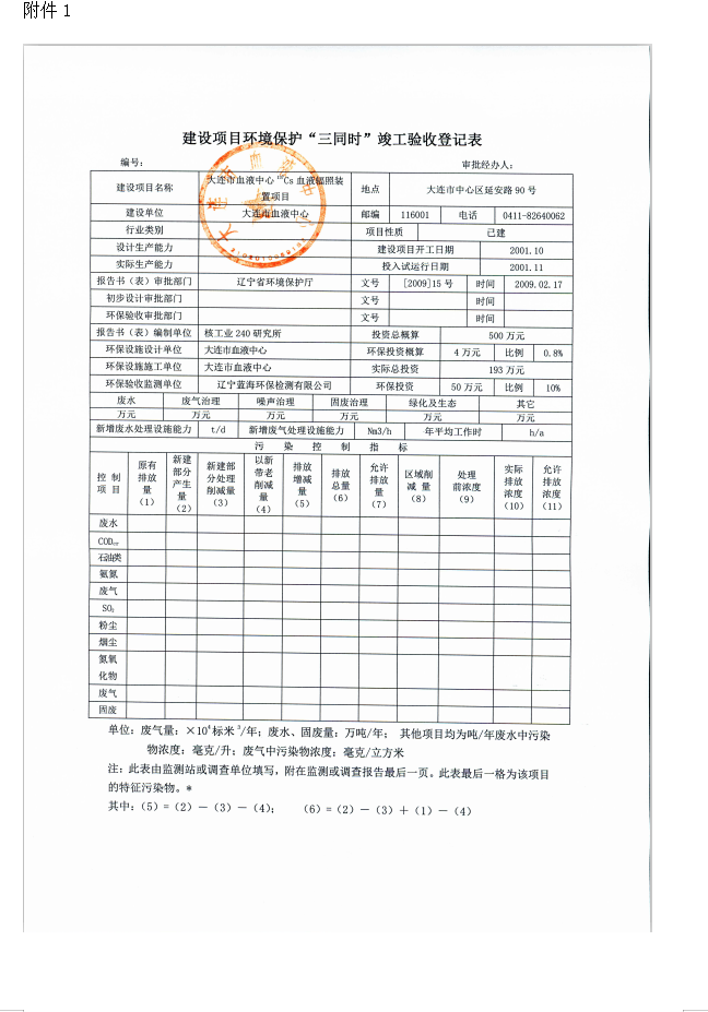 大连市红十字血液中心 137Cs血液辐照装置项目验收情况公示