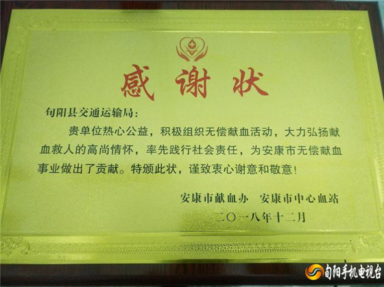 为生命接力！旬阳县交通运输局无偿献血获表彰