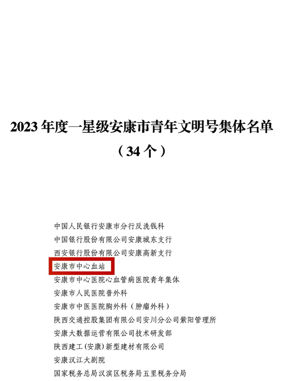 喜报！安康市中心血站获评市级“青年文明号”荣誉