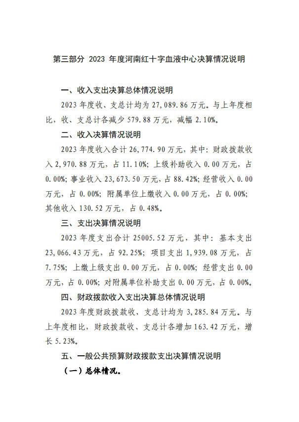 2023 年度 河南省红十字血液中心决算公开