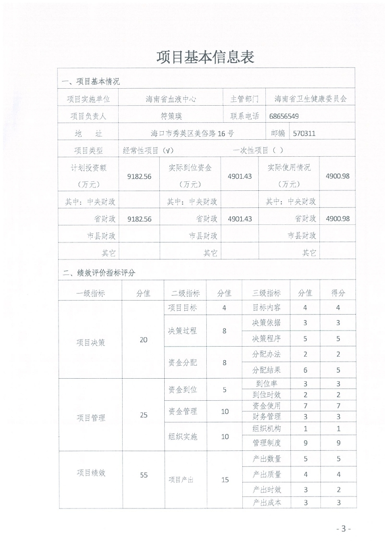 海南省血液中心2019年血液采供及安全管理项目绩效评价报告