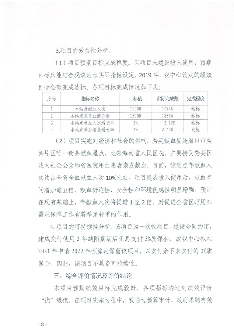 海南省血液中心2019年秀英献血屋建设项目绩效评价报告
