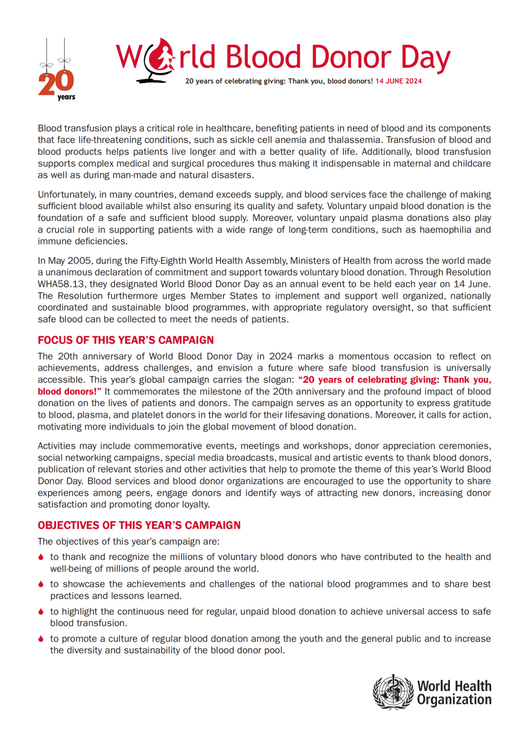 世界卫生组织发布2024年世界献血者日通告